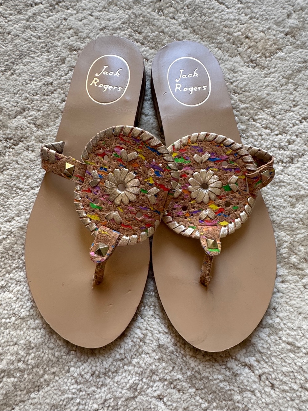Jack Rogers Tan Multicolor Embroidered Thong Sandals